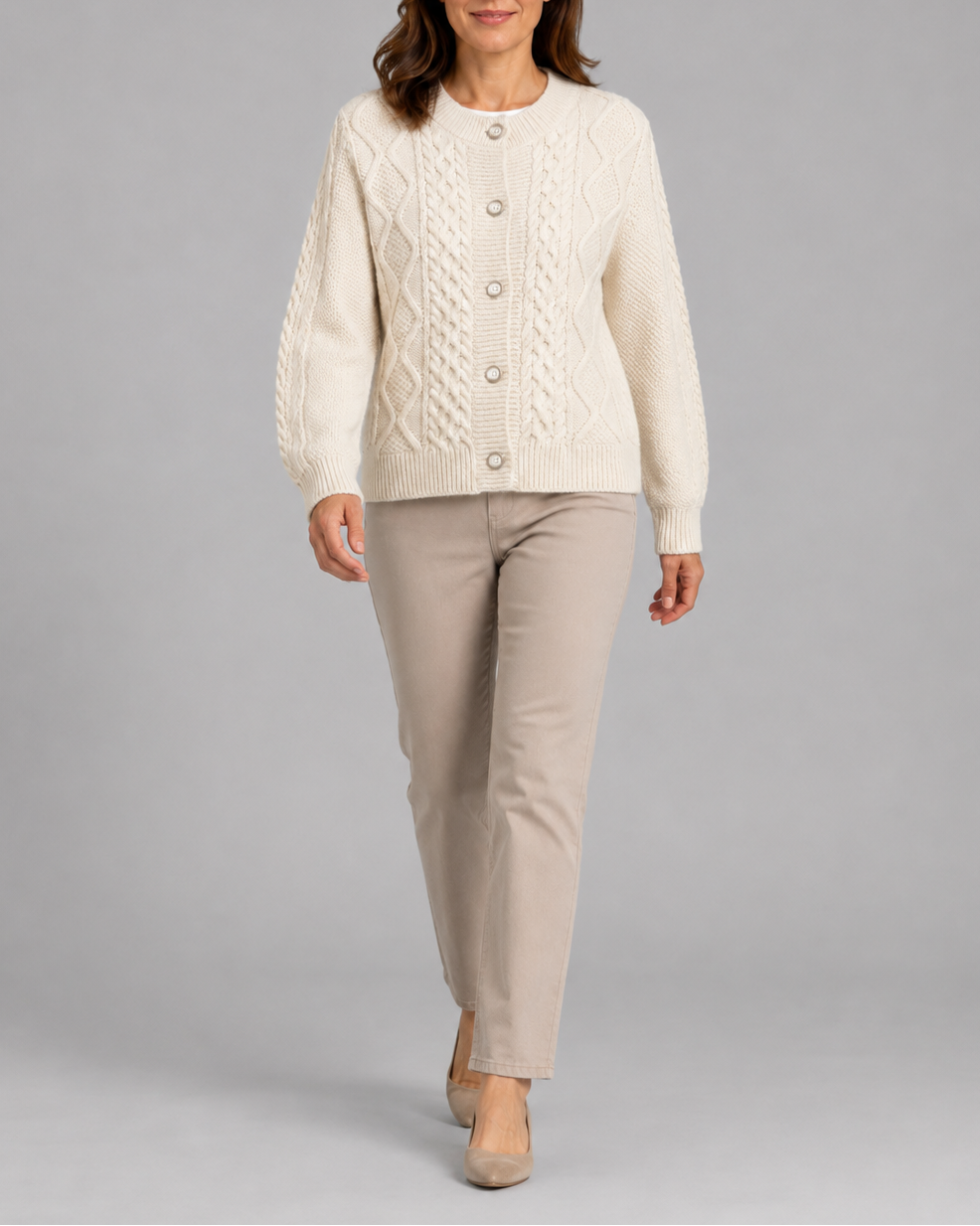 Women's Cable Knit Cardigan with Round Neck and Button Front - Beige