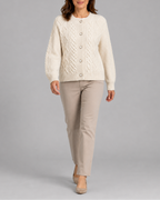 Women's Cable Knit Cardigan with Round Neck and Button Front - Beige