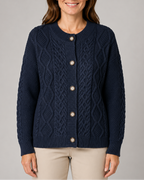 Women's Cable Knit Cardigan with Round Neck and Button Front - Black