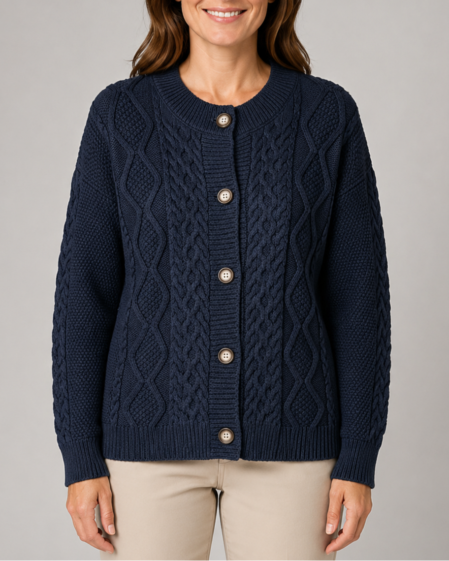 Women's Cable Knit Cardigan with Round Neck and Button Front - Black