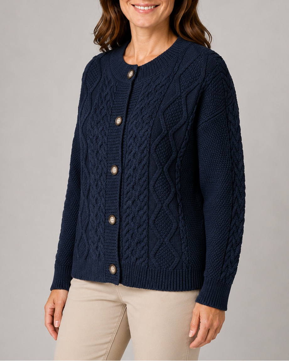 Women's Cable Knit Cardigan with Round Neck and Button Front - Black