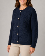 Women's Cable Knit Cardigan with Round Neck and Button Front - Black