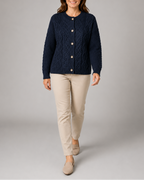 Women's Cable Knit Cardigan with Round Neck and Button Front - Black