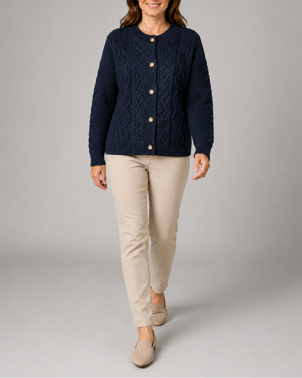 Women's Cable Knit Cardigan with Round Neck and Button Front - Black