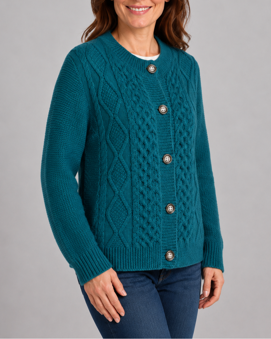 Women's Cable Knit Cardigan with Round Neck and Button Front - Blue