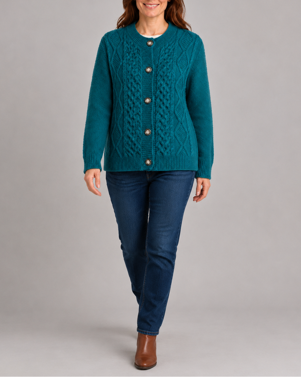 Women's Cable Knit Cardigan with Round Neck and Button Front - Blue