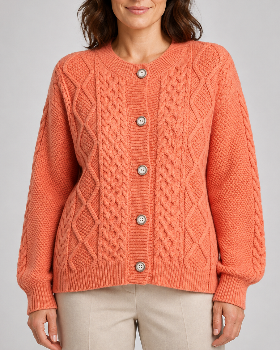 Women's Cable Knit Cardigan with Round Neck and Button Front - Orange