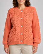 Women's Cable Knit Cardigan with Round Neck and Button Front - Orange