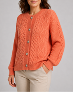 Women's Cable Knit Cardigan with Round Neck and Button Front - Orange