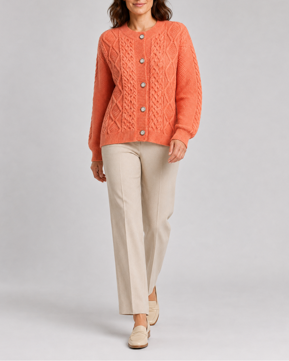 Women's Cable Knit Cardigan with Round Neck and Button Front - Orange
