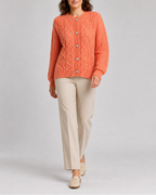 Women's Cable Knit Cardigan with Round Neck and Button Front - Orange