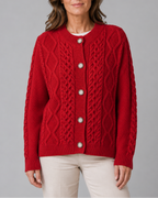 Women's Cable Knit Cardigan with Round Neck and Button Front - Red