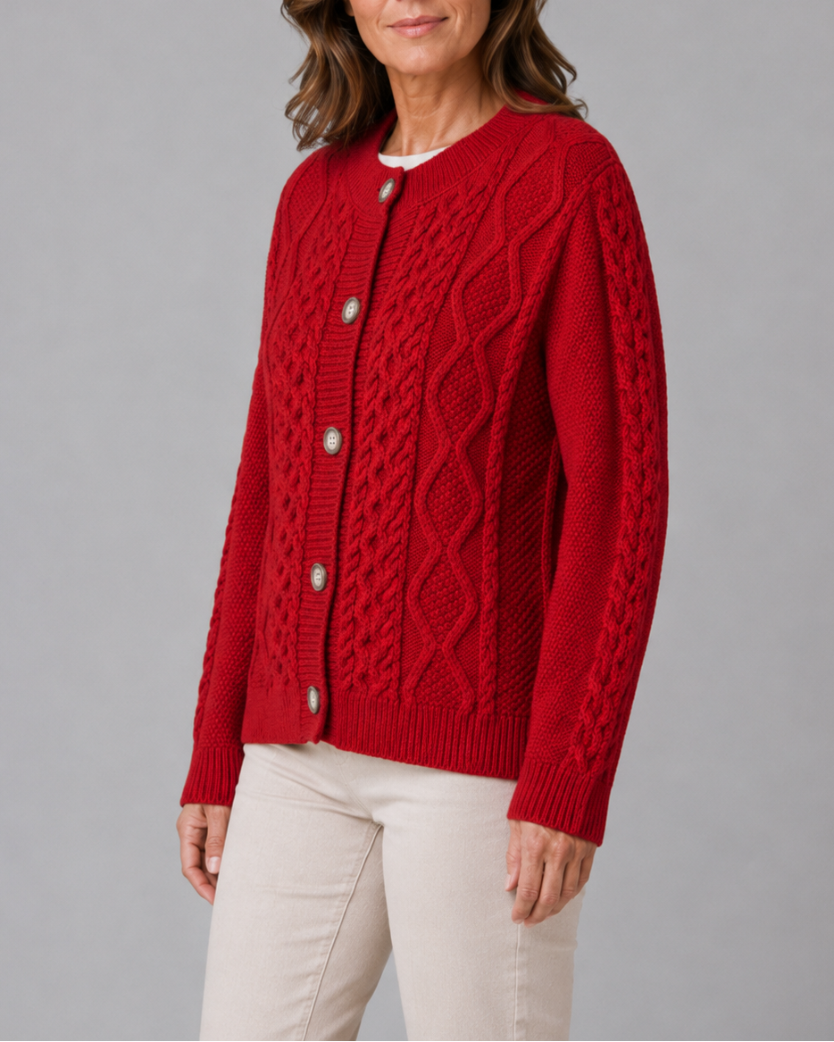 Women's Cable Knit Cardigan with Round Neck and Button Front - Red