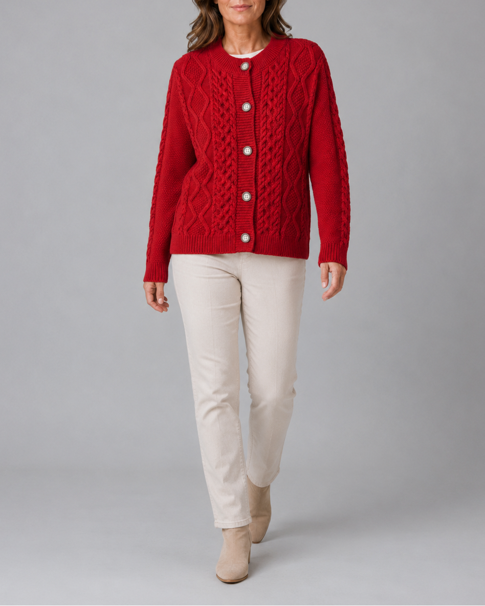 Women's Cable Knit Cardigan with Round Neck and Button Front - Red