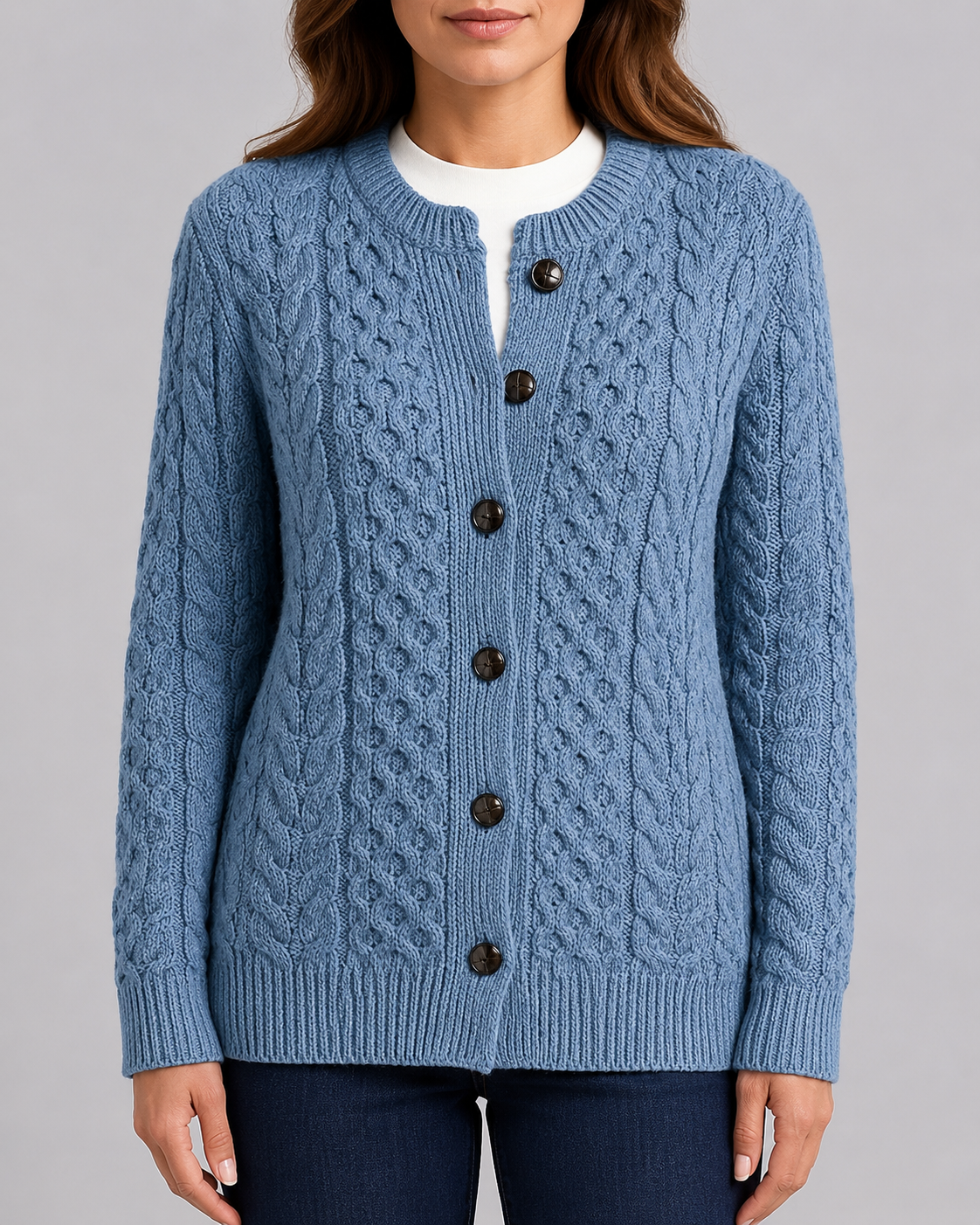 Women's Round Neck Button Front Cable Knit Cardigan
