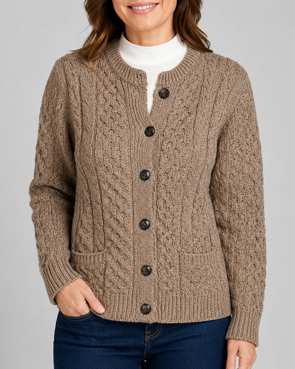 Women's Round Neck Button Front Cable Knit Cardigan