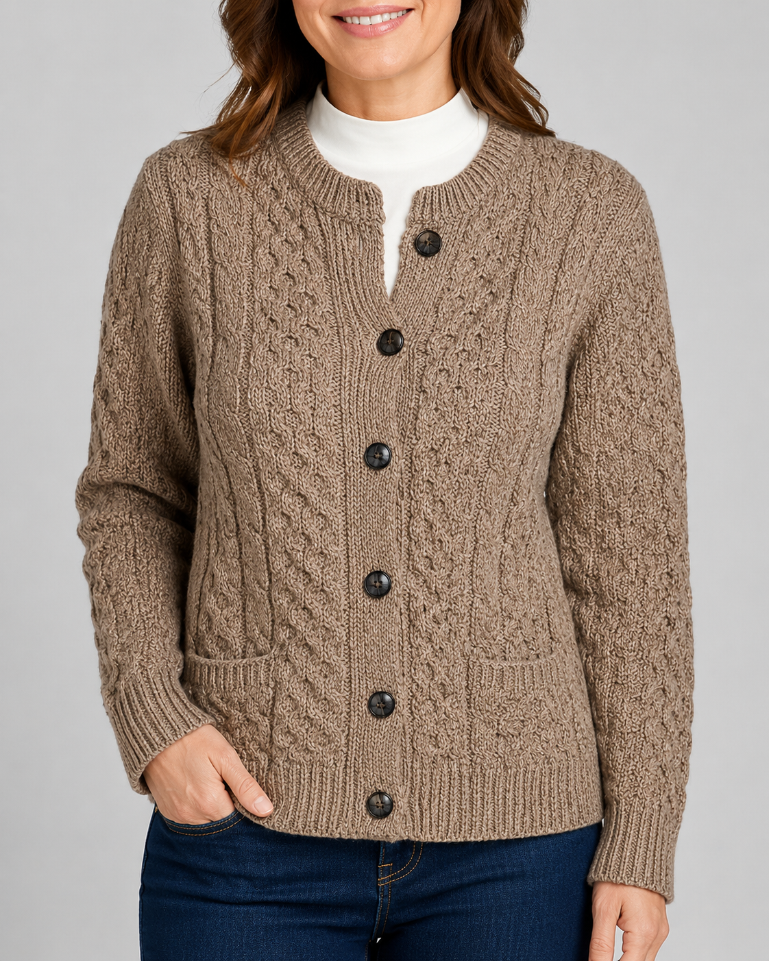 Women's Round Neck Button Front Cable Knit Cardigan