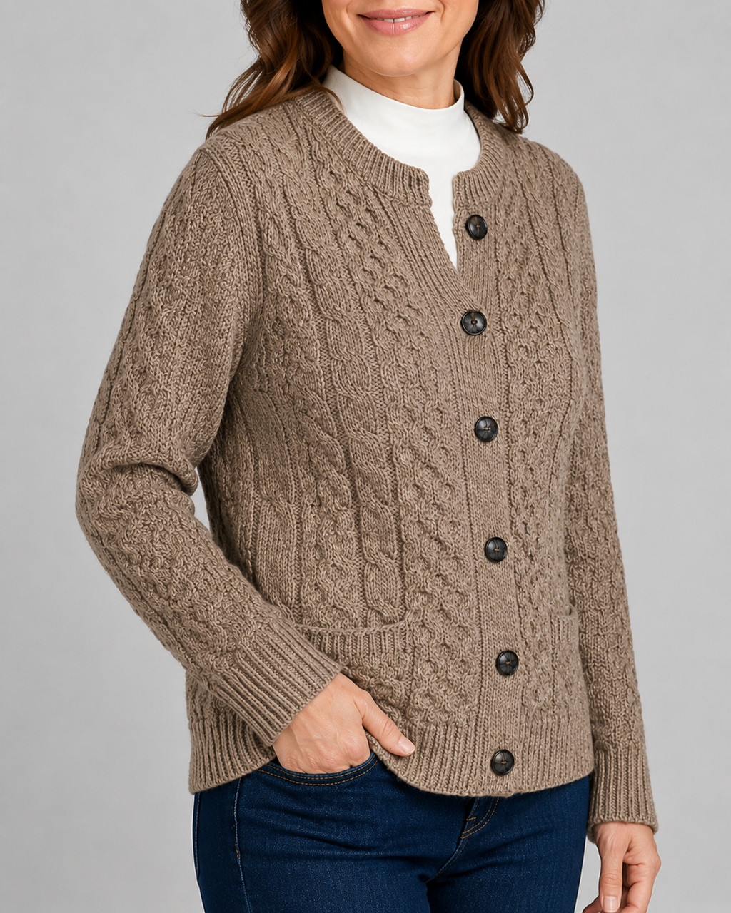 Women's Round Neck Button Front Cable Knit Cardigan