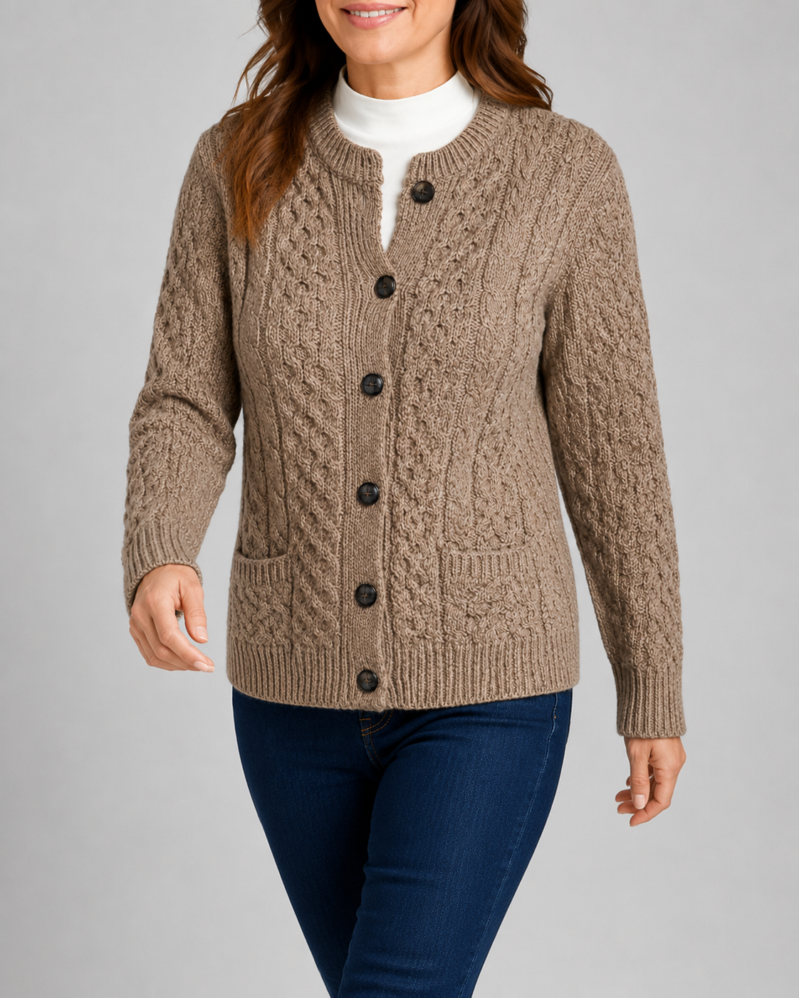 Women's Round Neck Button Front Cable Knit Cardigan