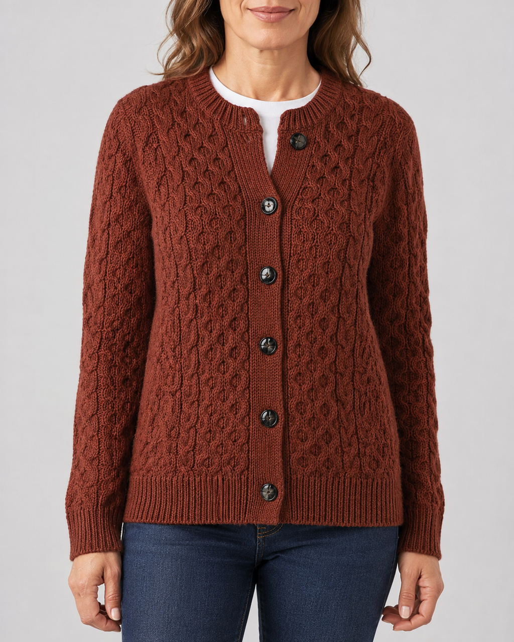 Women's Round Neck Button Front Cable Knit Cardigan