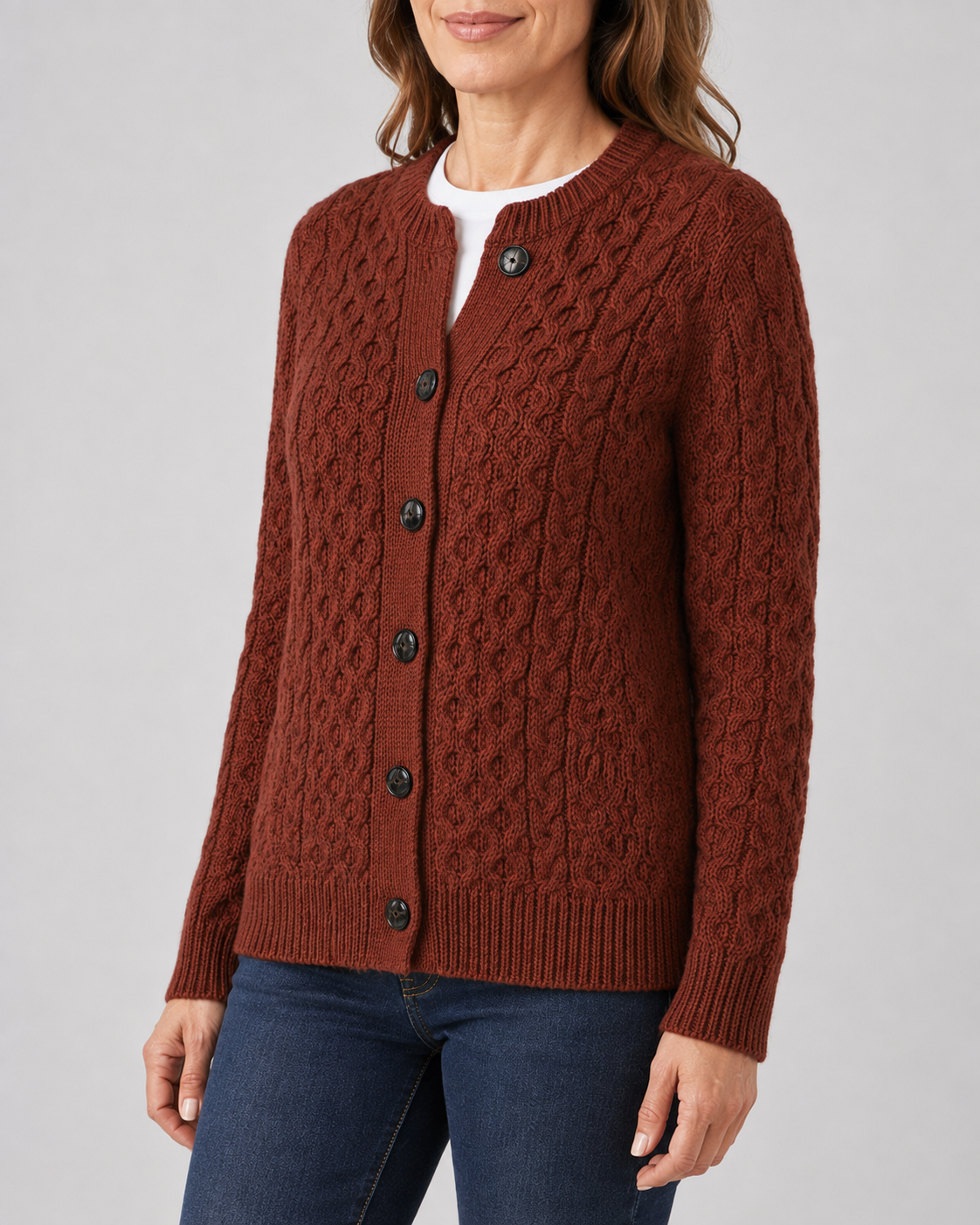 Women's Round Neck Button Front Cable Knit Cardigan