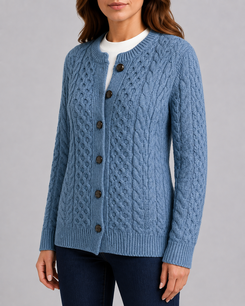 Women's Round Neck Button Front Cable Knit Cardigan
