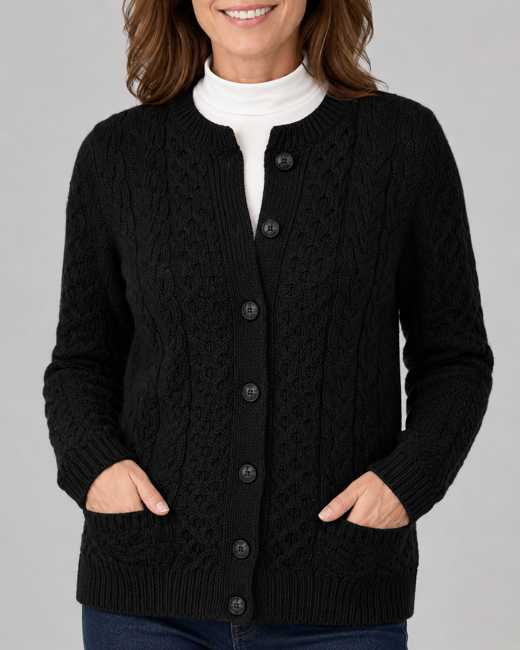 Women's Round Neck Button Front Cable Knit Cardigan
