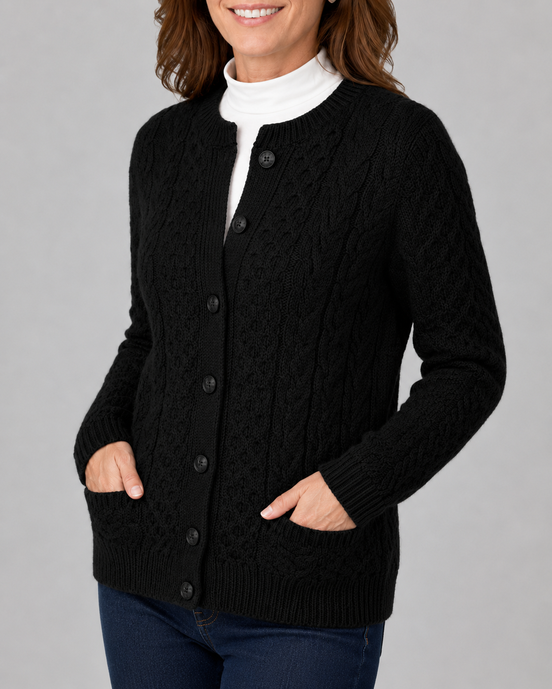 Women's Round Neck Button Front Cable Knit Cardigan