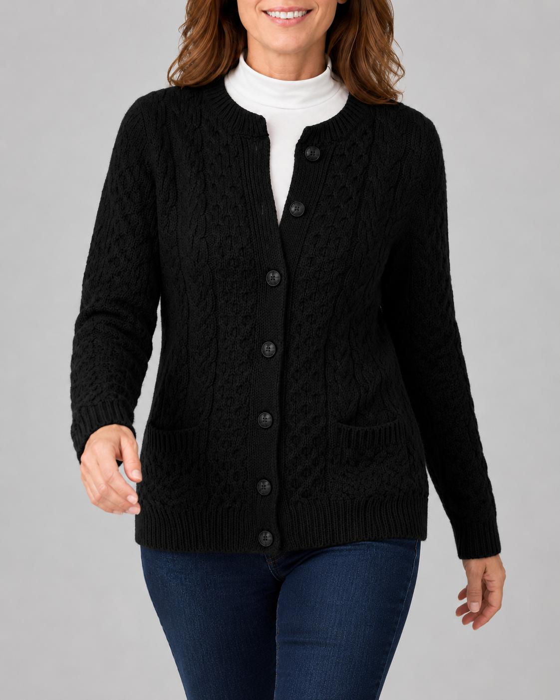 Women's Round Neck Button Front Cable Knit Cardigan