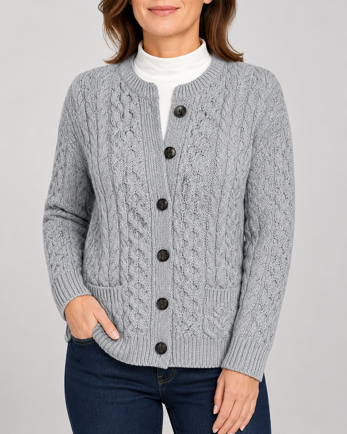 Women's Round Neck Button Front Cable Knit Cardigan
