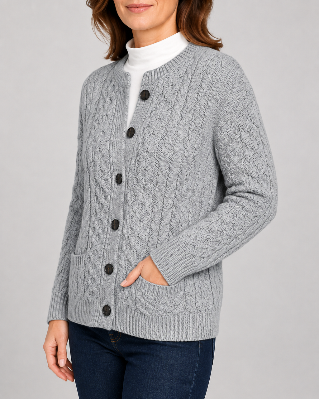 Women's Round Neck Button Front Cable Knit Cardigan