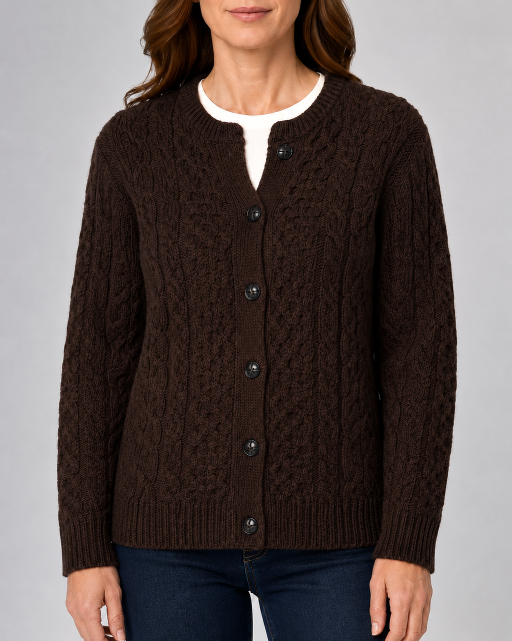 Women's Round Neck Button Front Cable Knit Cardigan