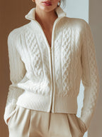 Women's Cable Knit Cardigan with Stand Collar and Zip Front