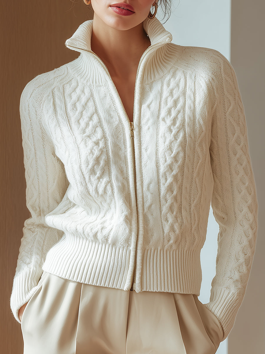 Women's Cable Knit Cardigan with Stand Collar and Zip Front
