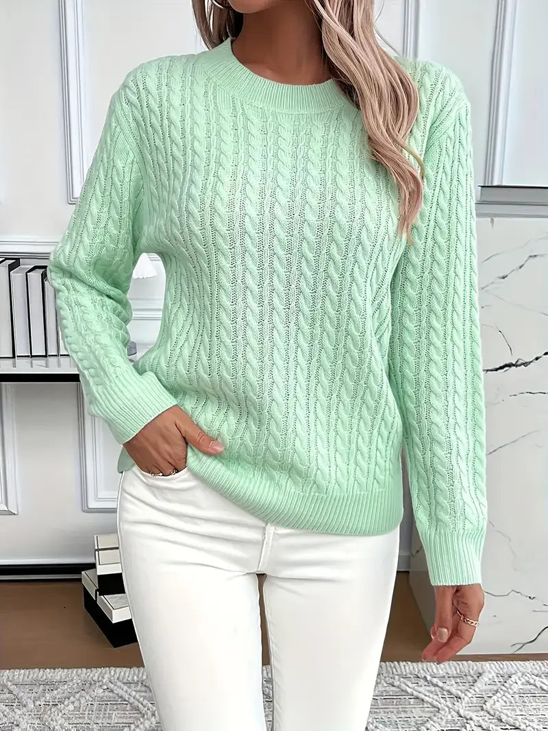 Women's Cable Knit Jumper with Crew Neck and Ribbed Cuffs