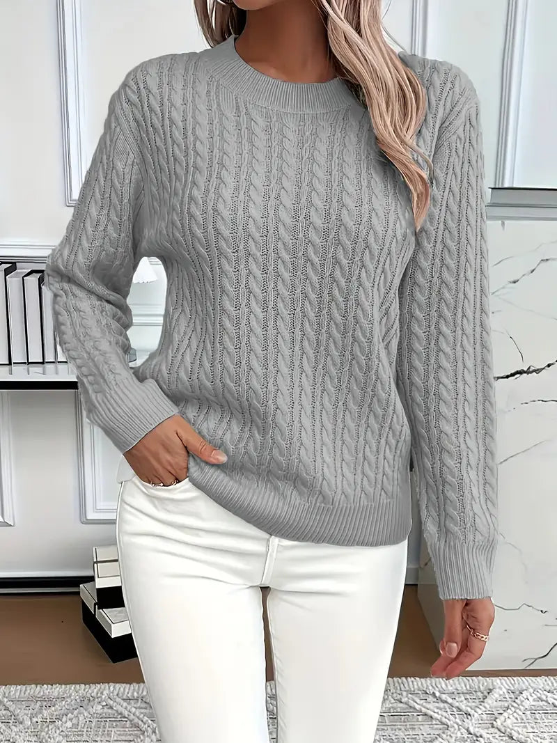 Women's Cable Knit Jumper with Crew Neck and Ribbed Cuffs