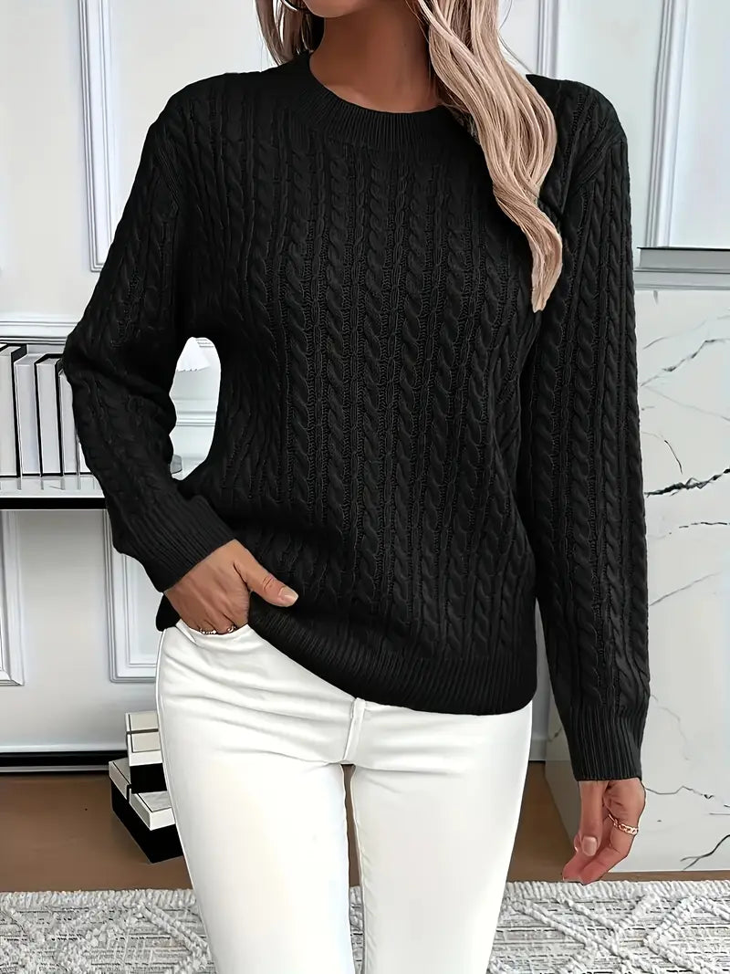 Women's Cable Knit Jumper with Crew Neck and Ribbed Cuffs