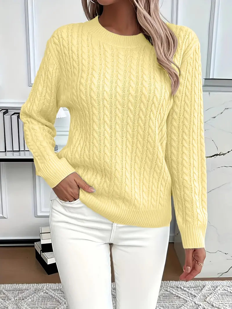 Women's Cable Knit Jumper with Crew Neck and Ribbed Cuffs
