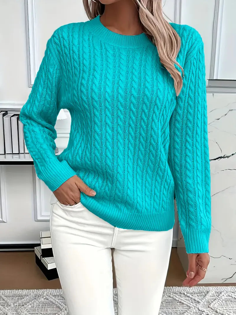 Women's Cable Knit Jumper with Crew Neck and Ribbed Cuffs