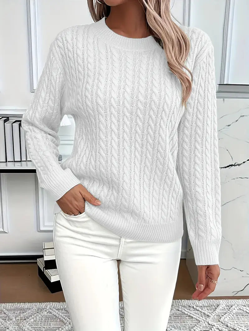 Women's Cable Knit Jumper with Crew Neck and Ribbed Cuffs