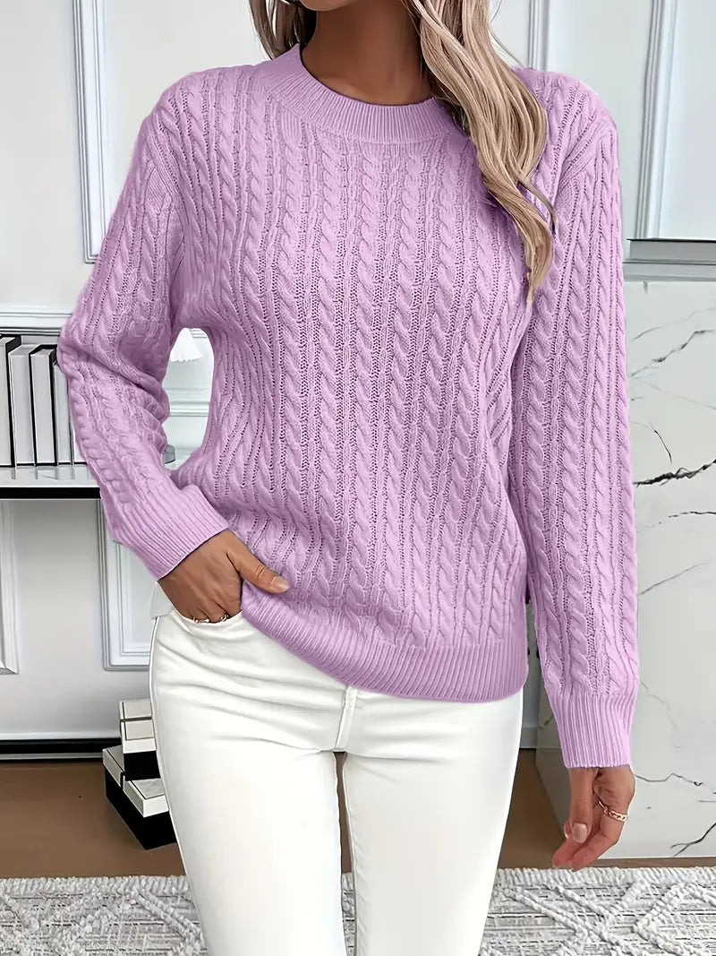 Women's Cable Knit Jumper with Crew Neck and Ribbed Cuffs