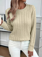 Women's Cable Knit Jumper with Crew Neck and Ribbed Cuffs