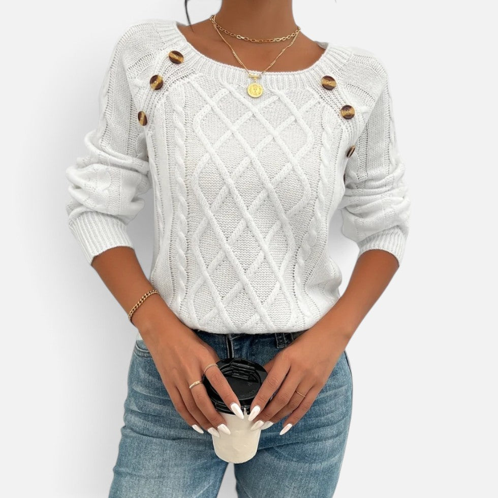 Women's Cable Knit Jumper with Round Neck and Button Detail