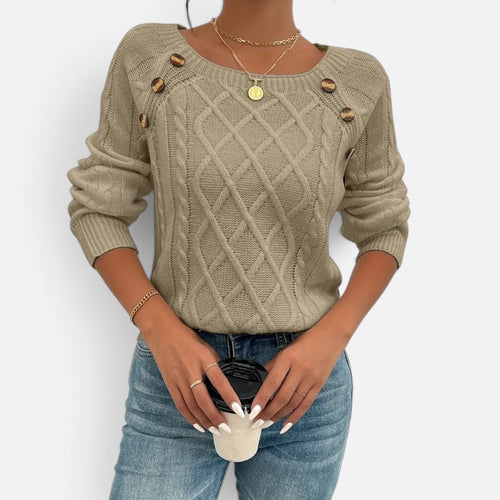 Women's Cable Knit Jumper with Round Neck and Button Detail