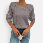 Women's Cable Knit Jumper with Round Neck and Button Detail