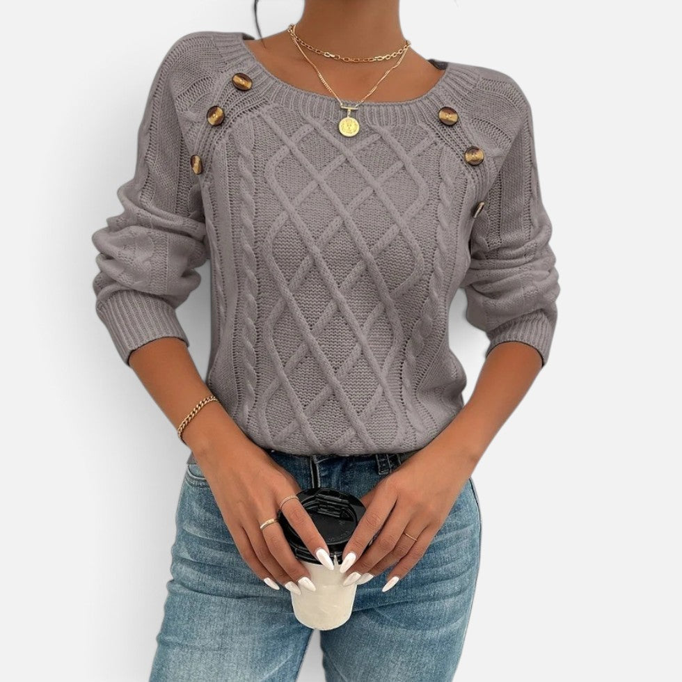 Women's Cable Knit Jumper with Round Neck and Button Detail