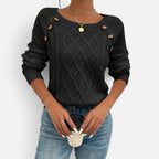 Women's Cable Knit Jumper with Round Neck and Button Detail