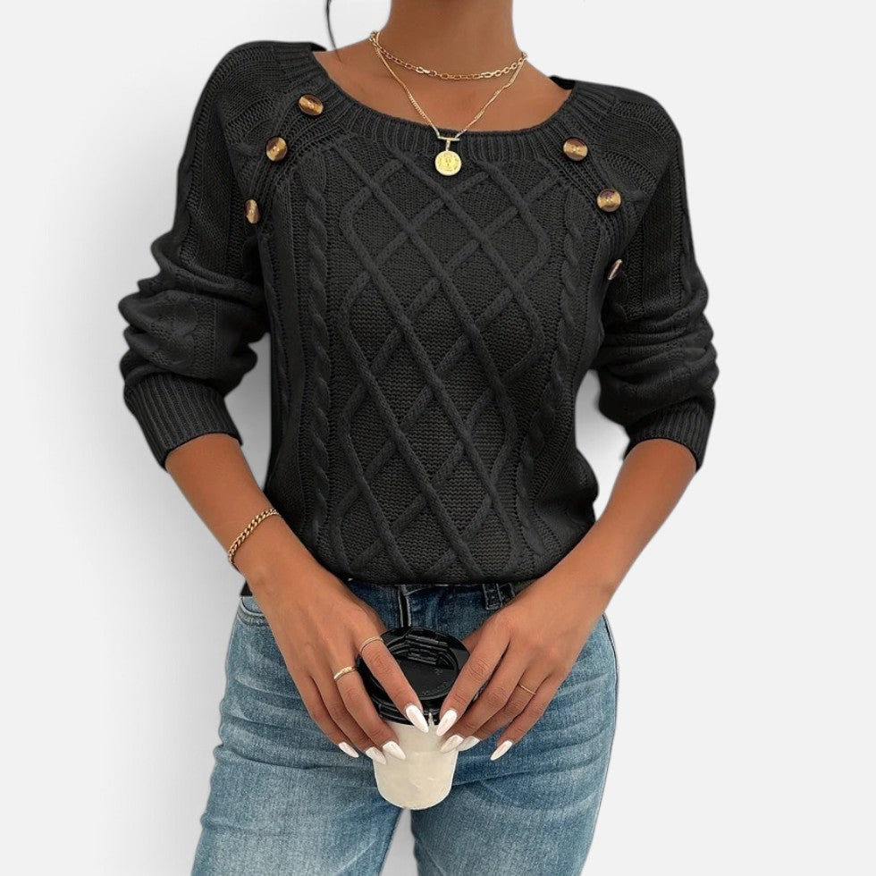 Women's Cable Knit Jumper with Round Neck and Button Detail