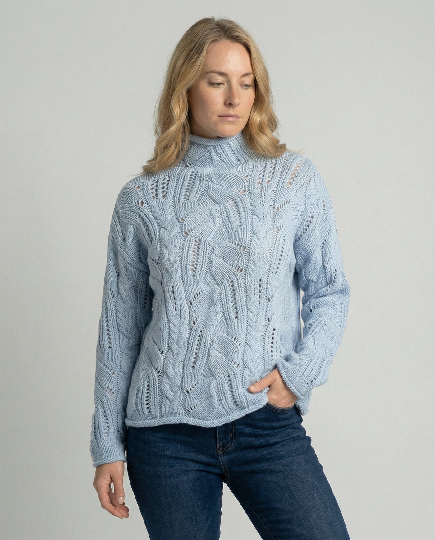 Women's Cable Knit Turtleneck Jumper with Pointelle Detail