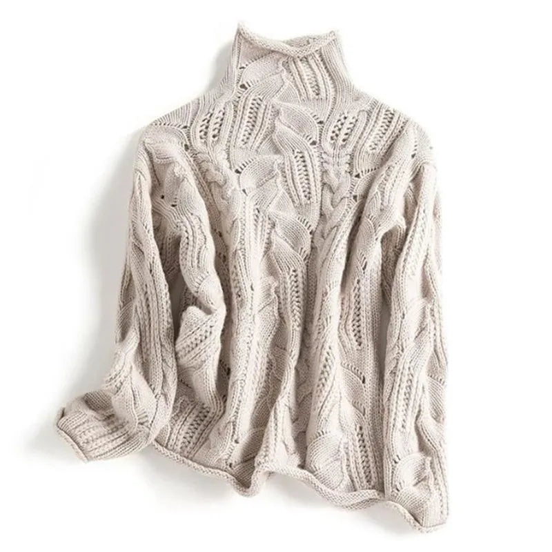 Women's Cable Knit Turtleneck Jumper with Pointelle Detail